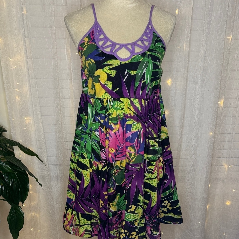 Tropical Print Midi Dress with Purple Accents